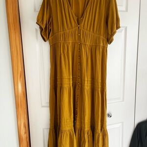 Lucky Brand Yellow Brown Ruffled Smocked Sundress